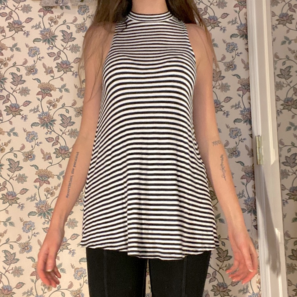Black & White Striped High-Neck Tank Top